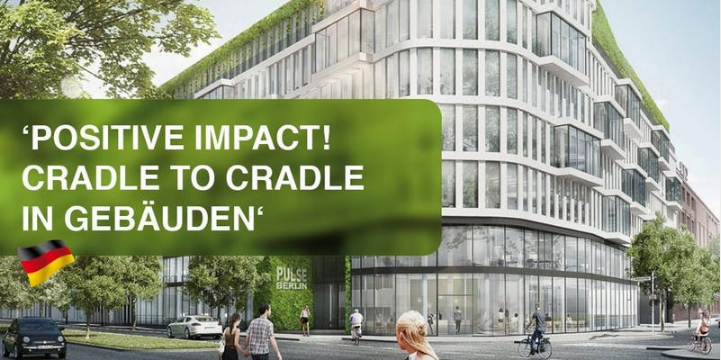 Modernes Gebäude 3D Visualisierung, Grünflächen. Cradle to Cradle in Gebäuden.