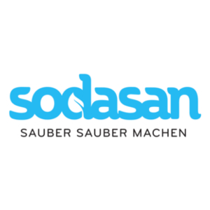 Logo sodasan (hellblau), sauber sauber machen (schwarz, klein)