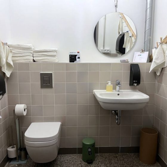 WC mit Handtüchern, Waschbecken, Spiegel